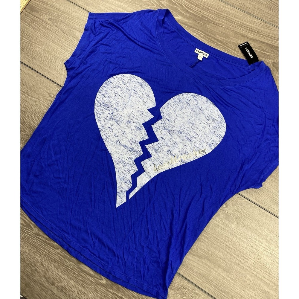 Express Women's Broken Heart Graphic Print T Shirt Blue Size Large New